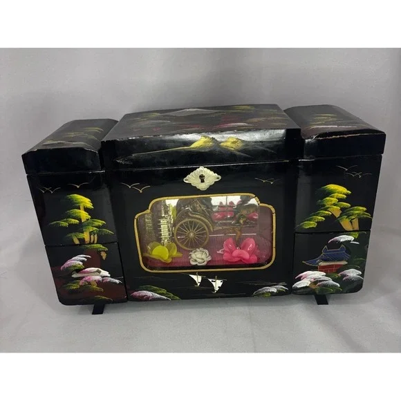 Vintage Japanese Black Lacquer Musical Jewelry Box- Window Diorama