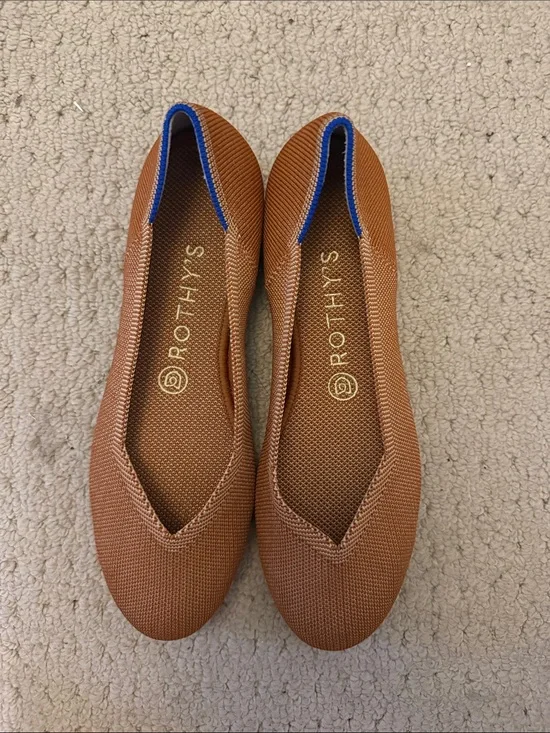 Rothy's Tan Knit Round Toe Flats with Blue Trim