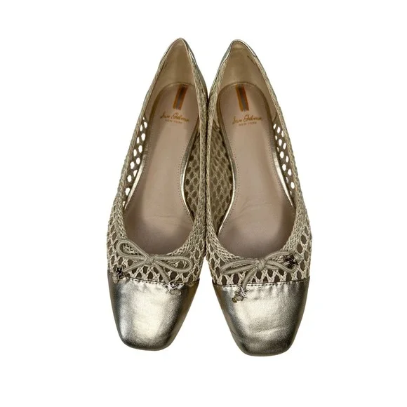 Sam Edelman May Ballet Flats Woven Mesh Square Toe Size 8M Gold Metallic Bow
