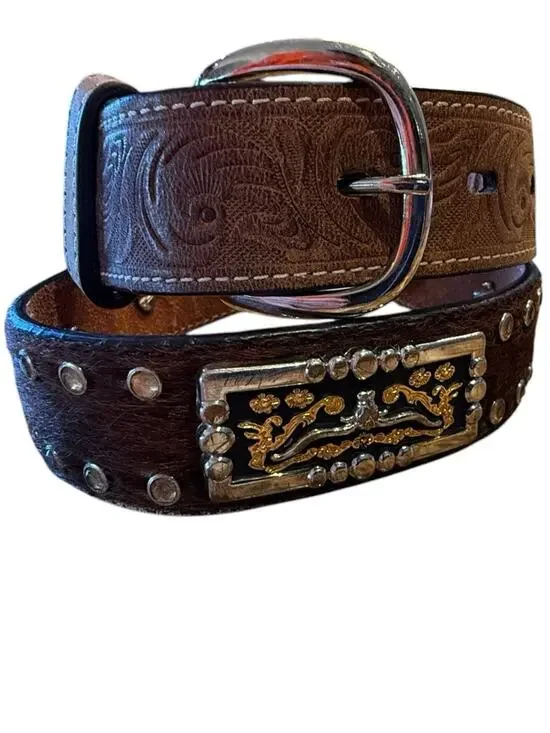 3D Youth Size 26 Western Tooled Leather & Calfhair Belt with Decorative Trim