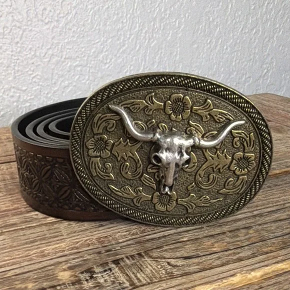 Western Americana Tooled Brown Leather Belt w/ Oval Longhorn Steer Head Buckle