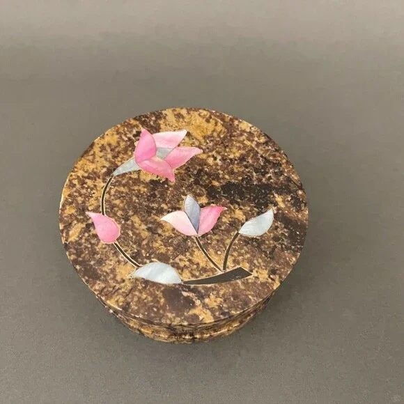 Round Marble Stone‎ Floral Flowers Trinket Jewelry Box
