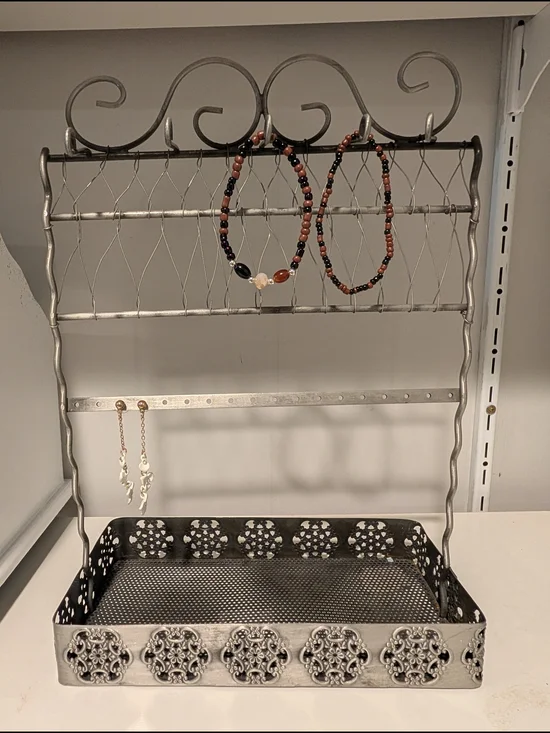 Silver Metal Jewelry Stand with Ornate Tray