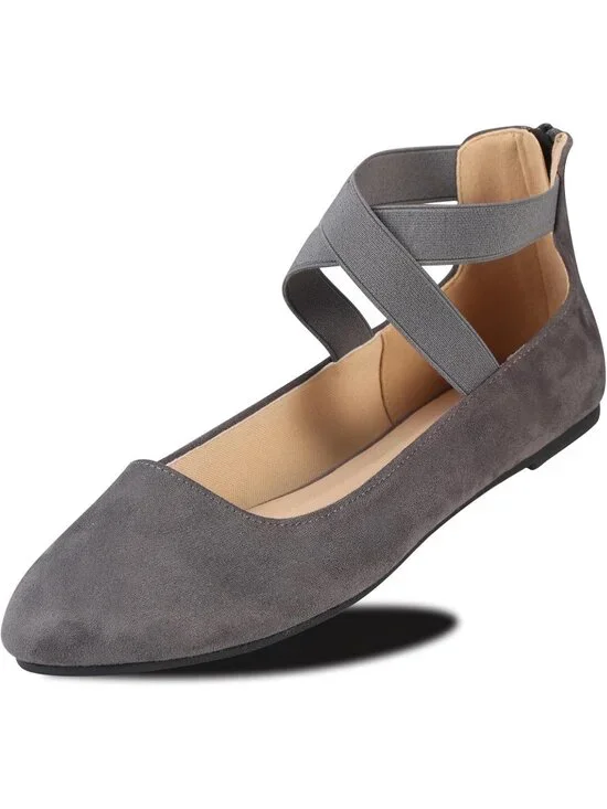 Women's Grey Leather Closed Toe Criss Cross Elastic Strap Casual Flat Shoes