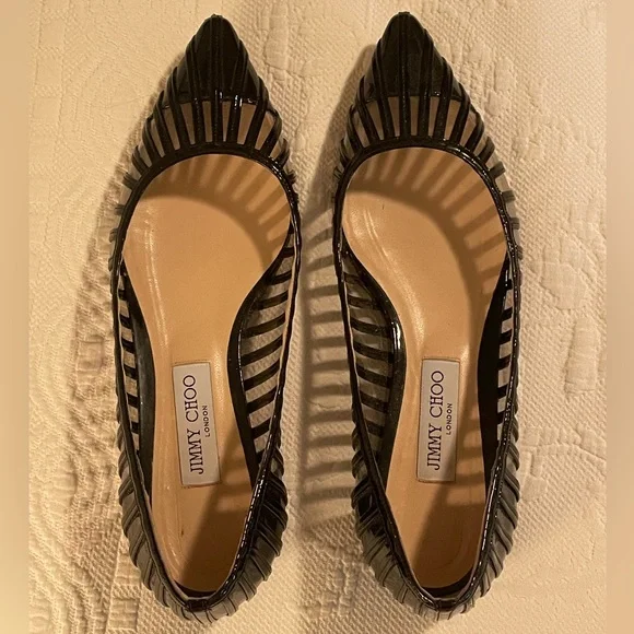 Jimmy Choo Black Patent Caged Pointed Toe Flats