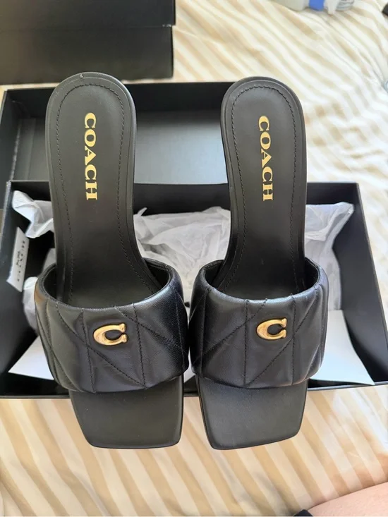 COACH Black Quilted Leather Slide Mules with Gold 'C' Hardware (run small)