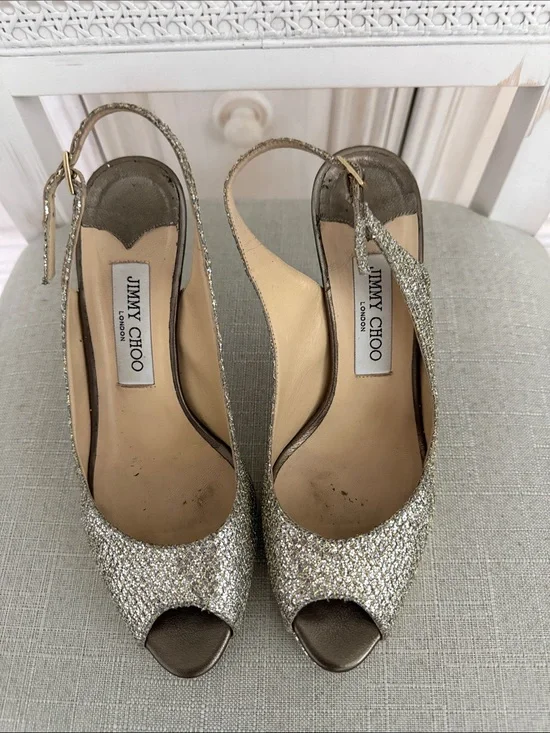 Jimmy Choo gold Glitter Peep-Toe Slingback Heels