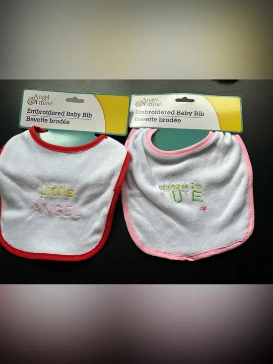 Baby Bibs (2) Embroidered “Little Angel” & “Of course I’m cute”. Red. Pink.Girl.