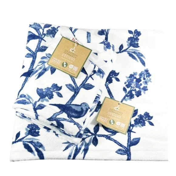 NEW Deborah Connolly BLUE & WHITE FLORAL Bath Towel 4 pc Set