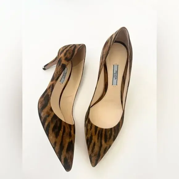 Prada Black Brown leather Calf Hair Leopard Print pointed toe pumps EU 39.5
