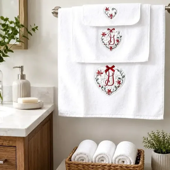 🛀🏻🎄❤️Christmas Monogram G Bath Towel Set Embroidered Holiday White VTG 3 PC