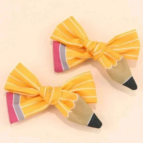 Yellow pink and white pencil ribbon bow barrettes back to school ponytail holder
