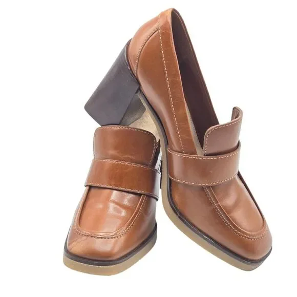 Vince Camuto Women's Cognac Pumps Ezerna Slip On Leather‎ Heeled Loafers Size 8M