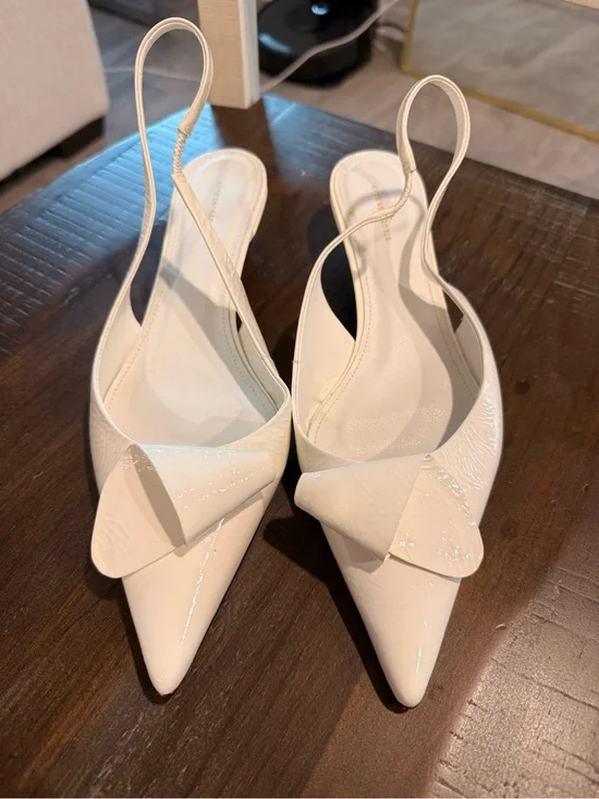 Anthropologie Cream Patent Pointed Slingback Pumps with Decorative Fold
