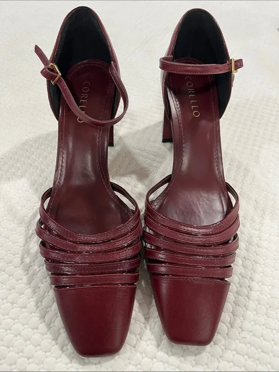Corello Burgundy Leather Strappy Block Heel Pumps Ankle Strap Square Toe US 9