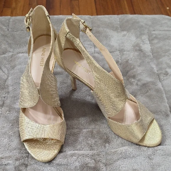 Nine West Womens Shimmery Gold Stilettos Shoes Heels Buckle Holidays Sz 11 READ.