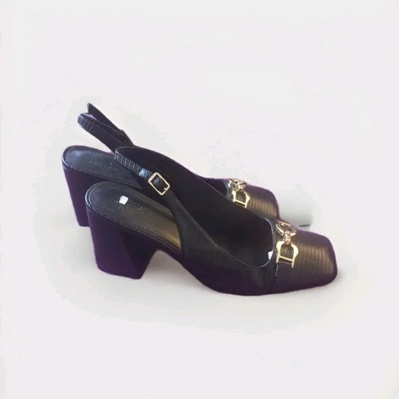 ASOS Design Black Lizard Slingback Block Heels Horsebit Square‎ Toe Size 12