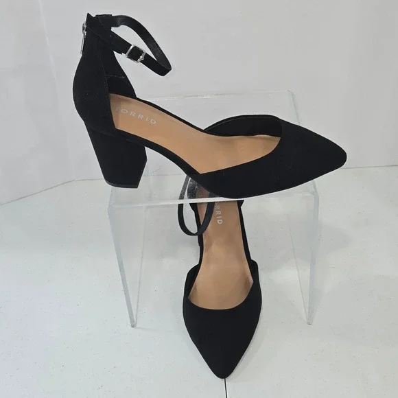 Torrid Black Faux Suede Ankle Strap Block Heel Pointed Toe Pump 9WW AC605