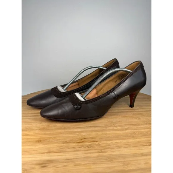 Life Stride Sz 10 Vintage 80s Brown Leather Suede Trim Button Pointy Toe Pumps