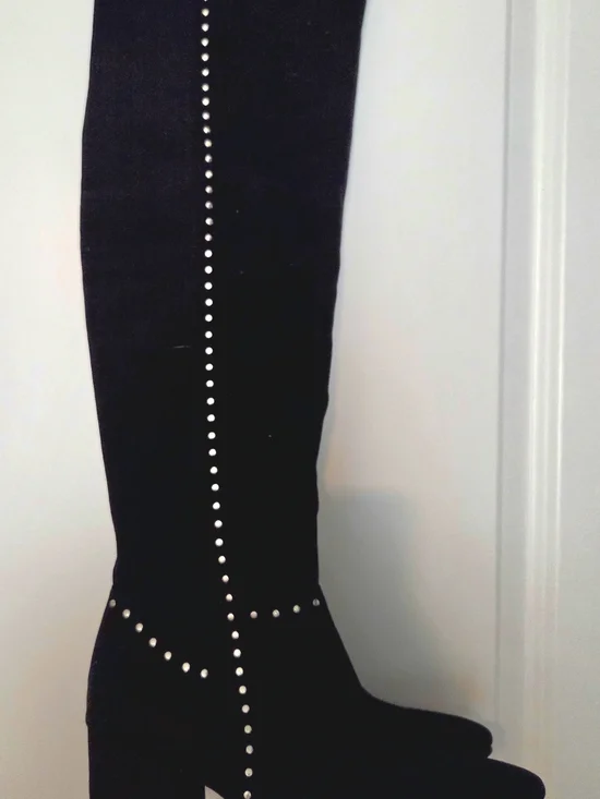 Women’s Black Studded Knee-High Boots Seven Dials Brand New Suede Western Chic