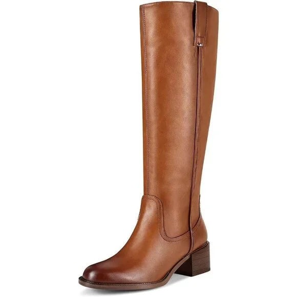 Women's A Brown Chunky Low Block Heel Round Toe Faux Leather Knee High Boots