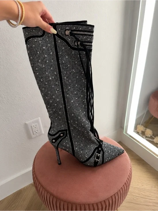 Women's Black Crystal-Embellished Knee Boot with Stiletto Heel