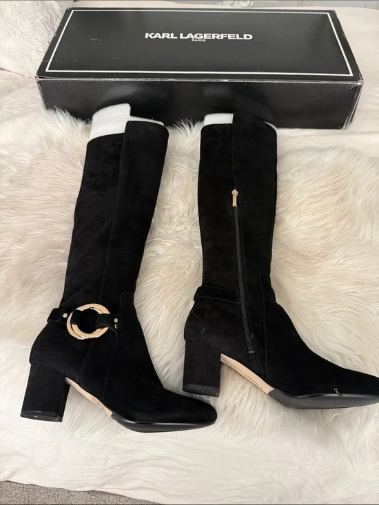 Karl Lagerfeld Black Suede Over-the-Knee Boots with Gold Ring Detail. NWOT