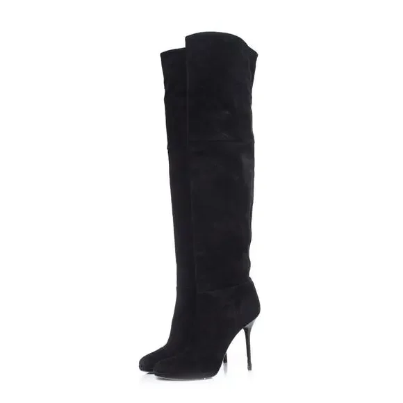 NWT Jimmy Choo Suede Over The Knee Heeled Boots Black Womens Size 34-34.5 / US 4