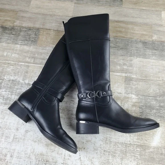 Calvin Klein Daphny Womens Knee-High Boots Sz 8 Black Leather Round Toe Side Zip