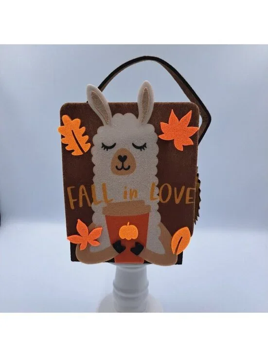 Autumn Fall In Love Llama Pumpkin Spice Coffee Felt Holder 3 Washcloths Rustic
