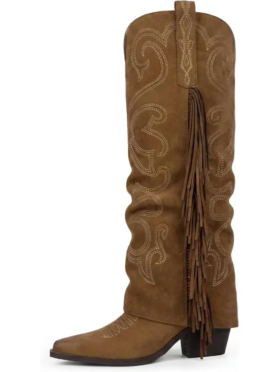 Women's Brown Suede Cowgirl Knee High Toe Chunky Block Heel Zipper Boots