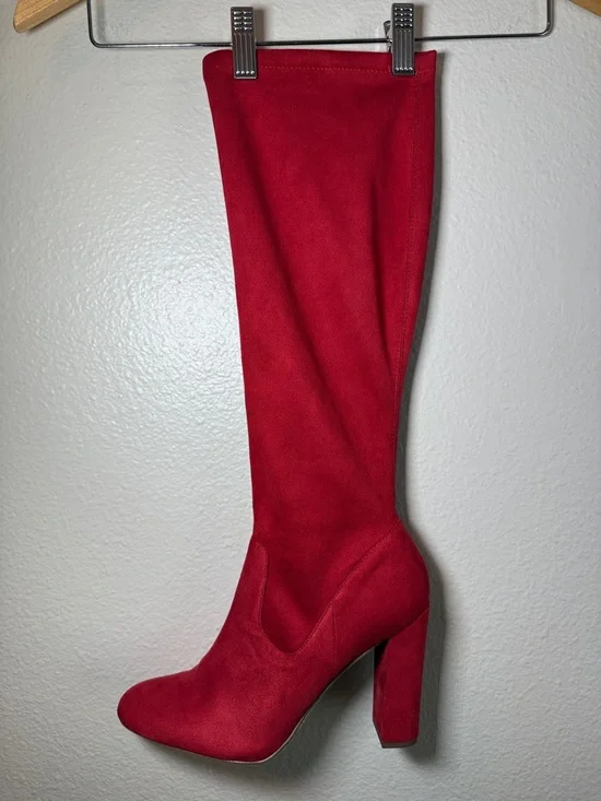 Red Faux Suede Knee High Boots SZ 9 Heart In D Block Heel Night Out Go Go Winter