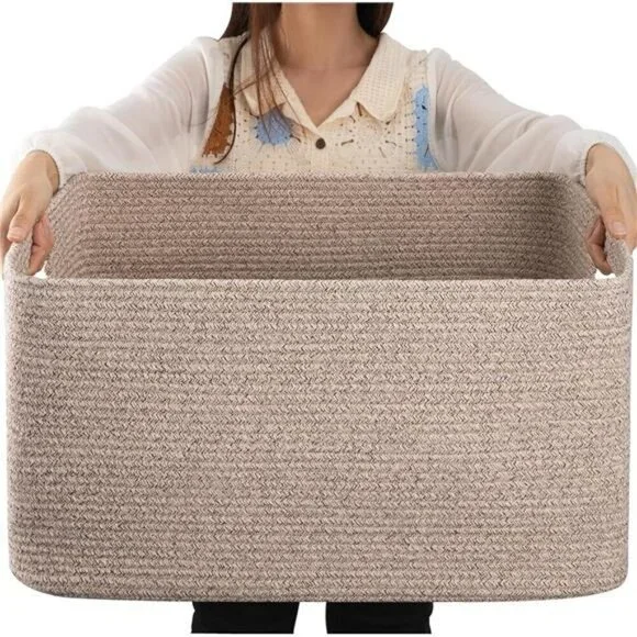 Large Woven Blanket Storage Basket Cotton Rope Toy Organizer with Handles