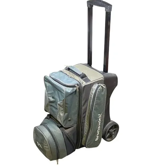 Brunswick Flash X Triple Roller Bowling Bag Grey Green 3 Ball Wheel Pull Handle