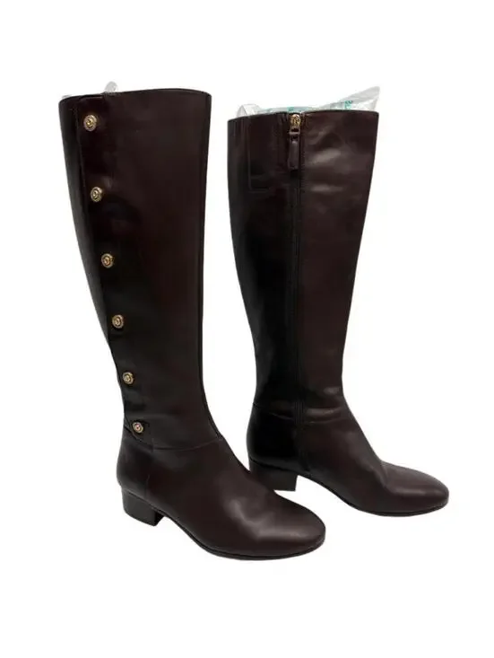 Nine West Oreyan Genuine Leather Knee High Brown Boots Gold Button Details 6.5