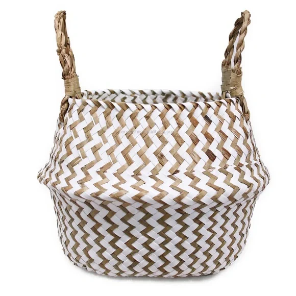 Woven Seagrass Storage Basket with Handles - White & Natural Set Of 2