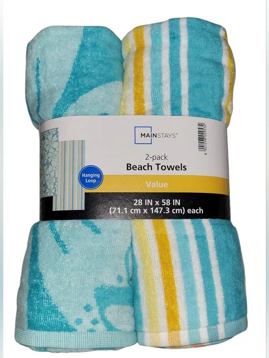 2-Pack Beach Towels Green Floral & Striped Quick Dry Cotton Blend Bath Hang Loop