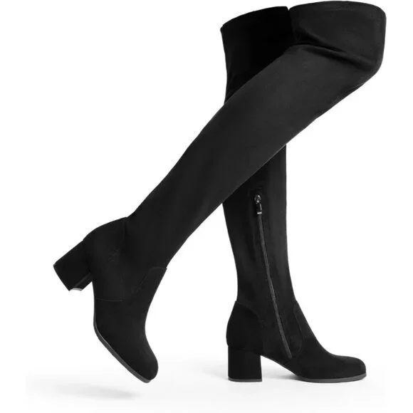 Women's Black Suede Over The Knee Thigh High Chunky Heel Long Stretch Fall Boots