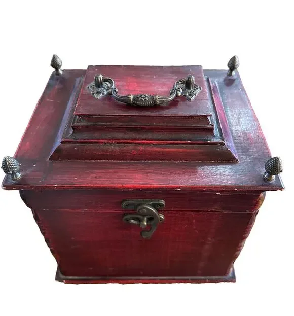 Vintage Red Wooden Keepsake Box Brass Handle Acorn Finials Lined 9in X 9in X 7in