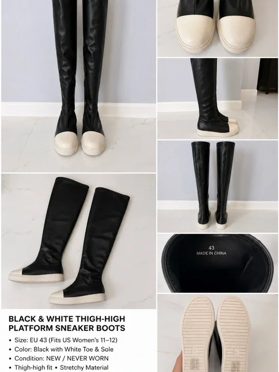 Black & White Thigh-High Platform Sneaker Boots - Size EU 43