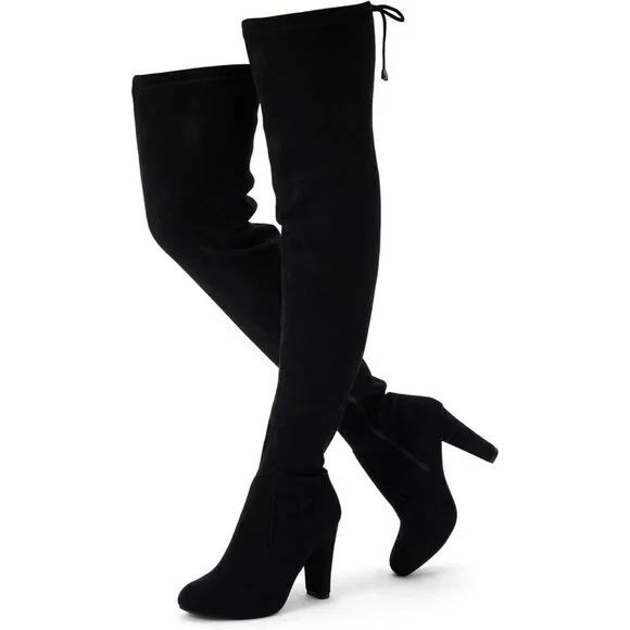 Women's Black Suede Inner Zipper Thigh High Over The Knee High Heel Boots