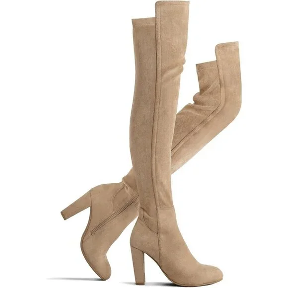 Women Khaki Faux Suede Chunky Heel Stretch Over The Knee Thigh High Long Boot
