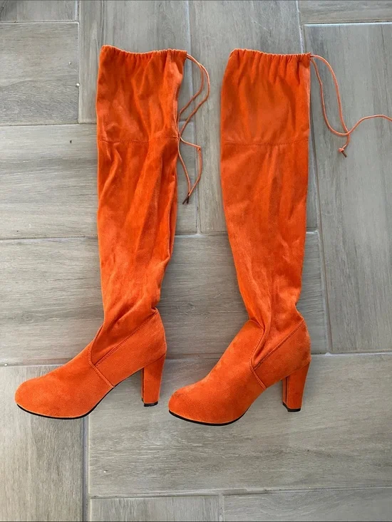 Women's Orange Suede Over-the-Knee Block Heel Boots EUC