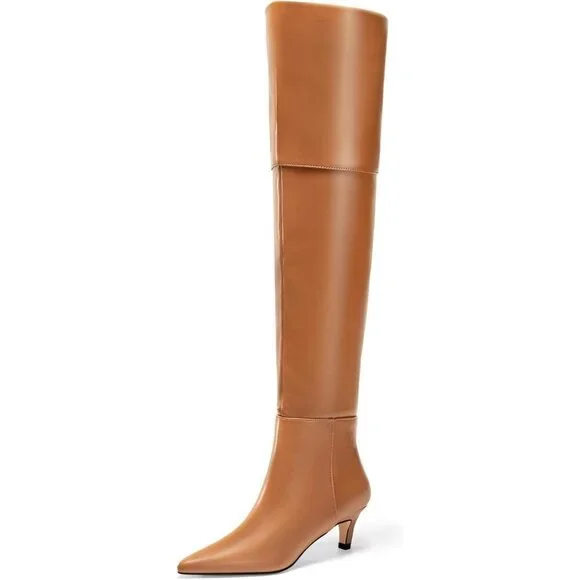 Women Brown Pu Thigh High Pointed Toe Kitten Heel Over the Knee Long Boot
