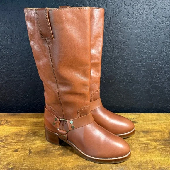 Frye Camryn Tall Harness FR42136 Cognac Leather Tall Boots Womens 10M
