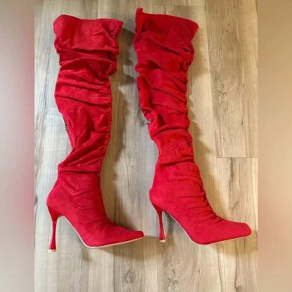 Cape Robbin Red Ruched Over-the-Knee Stiletto Boots.     Brand New