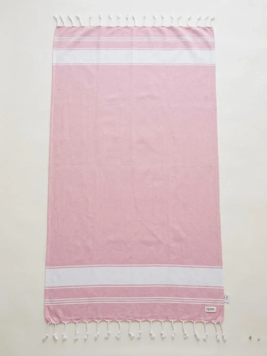 Pink and White Striped Fringe Turkish Towel