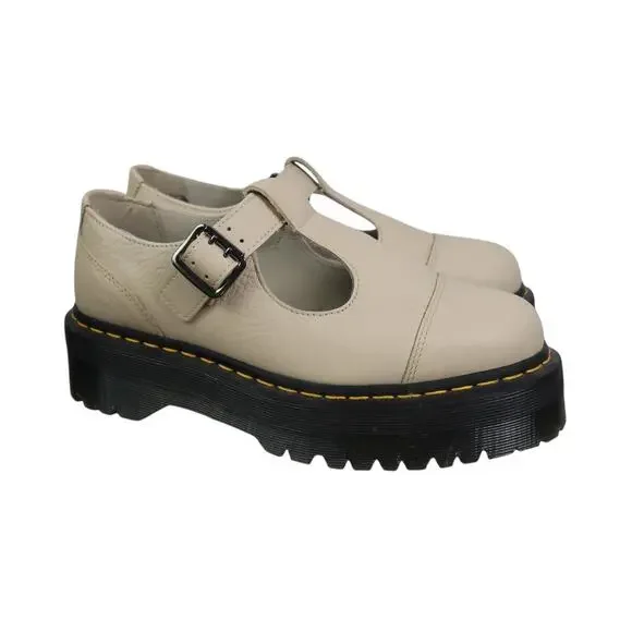 Dr. Martens Bethan Mary-Jane Beige Pisa Leather Platform Lug Sole Shoes 9