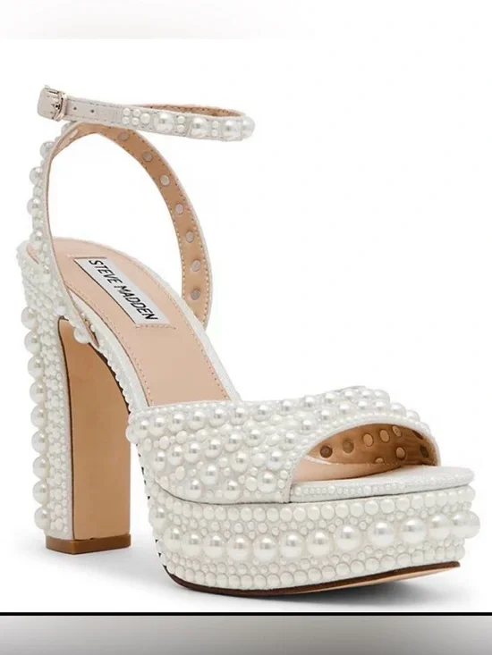 Steve Madden White Pearl-Embellished Platform Sandal