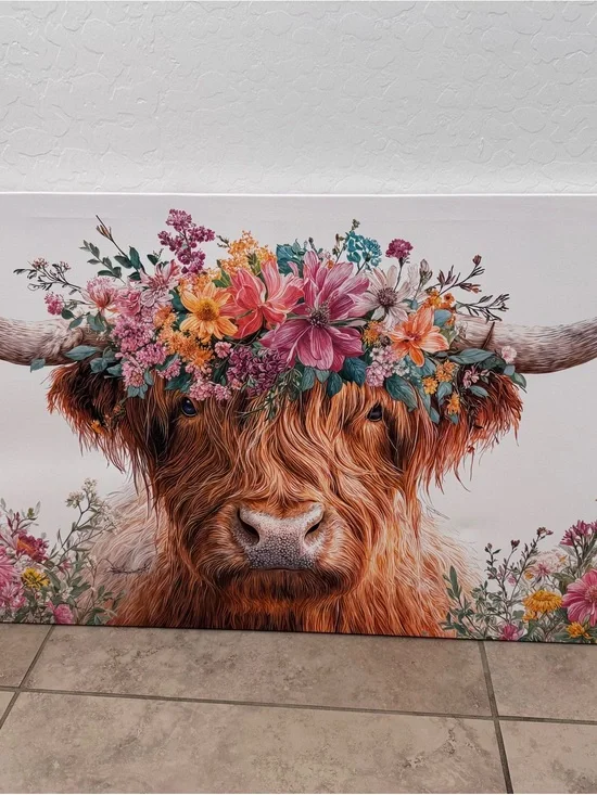 Floral Highland Cow Wall Art - Pink, Orange & Green